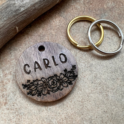 WOODY - Pet Tag // Wooden Tag Round // Design Floral