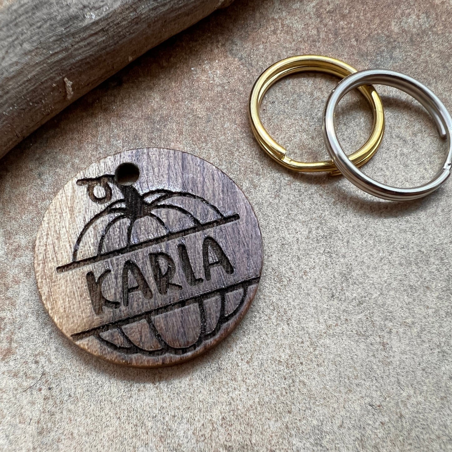 WOODY - pet tag // round wooden tag // pumpkin design
