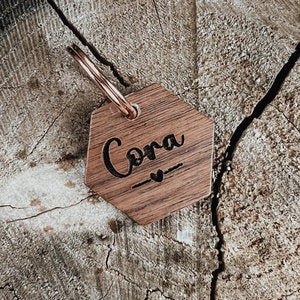 WOODY - pet tag // wooden tag hexagon // design heart
