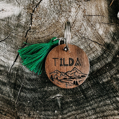 WOODY - pet tag // round wooden tag // mountain design