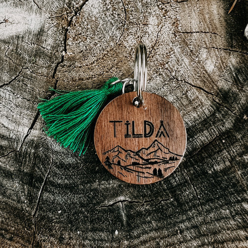 WOODY - pet tag // round wooden tag // wave design