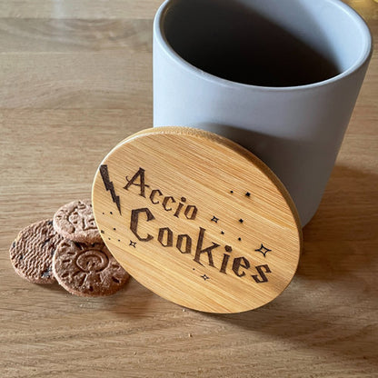 "ACCIO Cookies" // Large storage jar // Cookie jar // Magic spell // gray with bamboo wooden lid